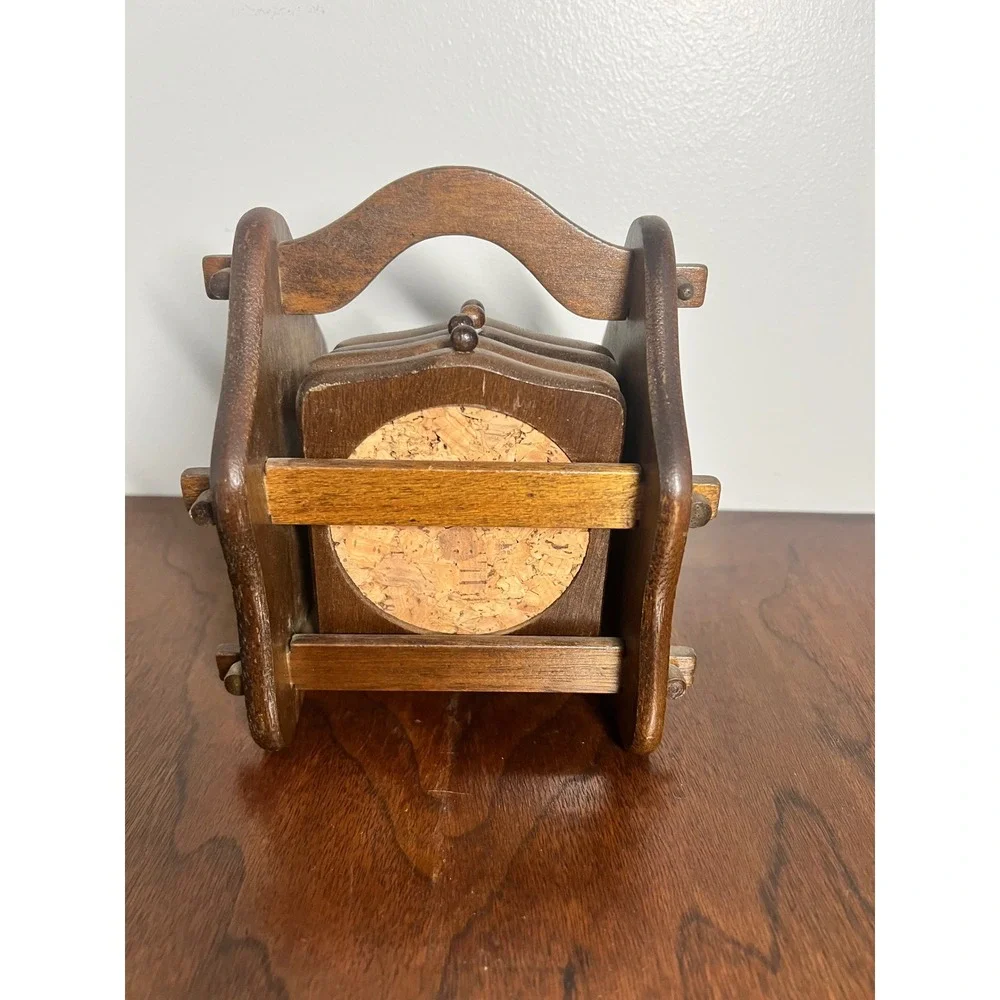 Vintage Wood & Cork Coaster Set: Rustic Home Decor, 5pc with Caddy (1979)